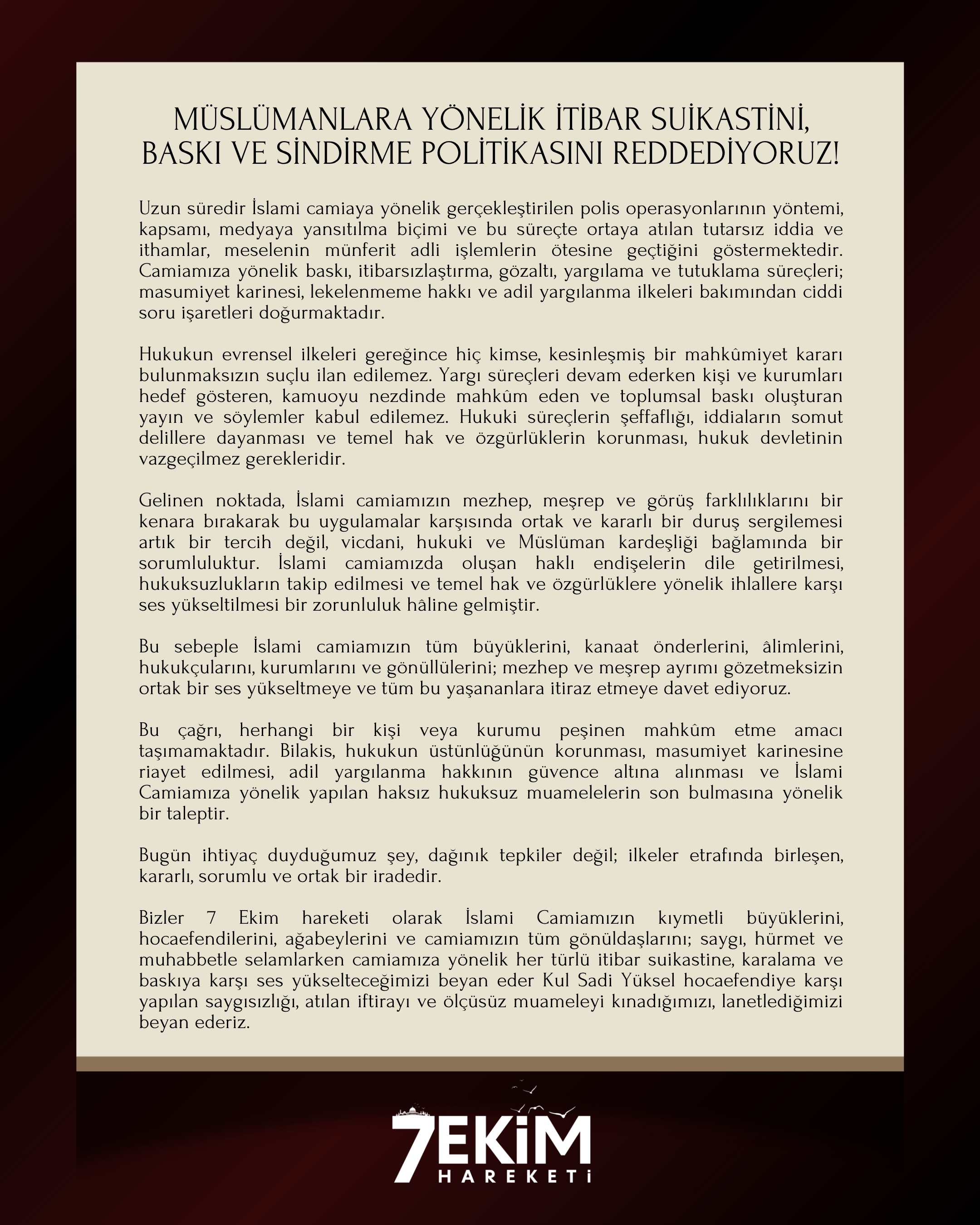Müslümanlara Yönelik İtibar Suikastini, Baskı ve Sindirme Politikasını Reddediyoruz!